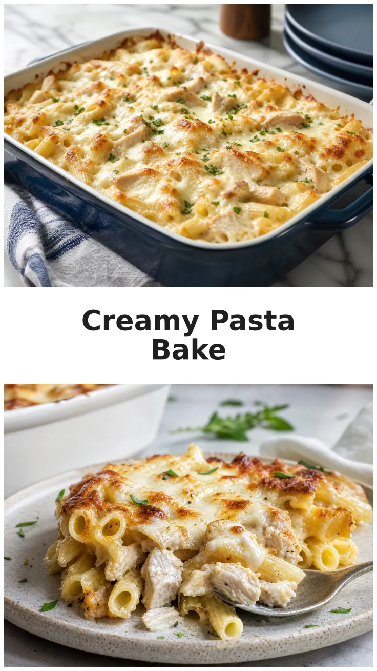 Creamy Chicken Mozzarella Pasta Bake with Parmesan and Herbs