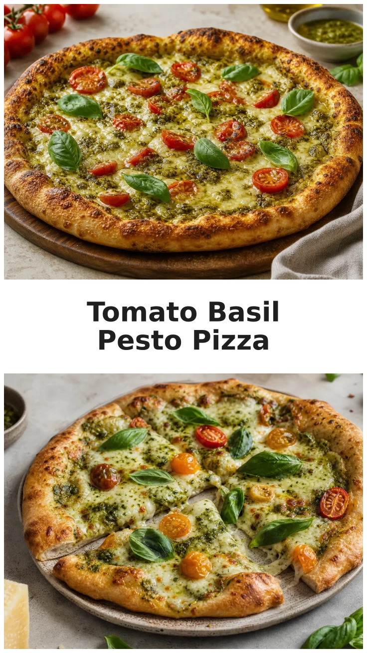 Golden Tomato Basil Pesto Pizza with Melted Cheese Recipe Golden Tomato Basil Pesto Pizza with Melted Cheese Recipe